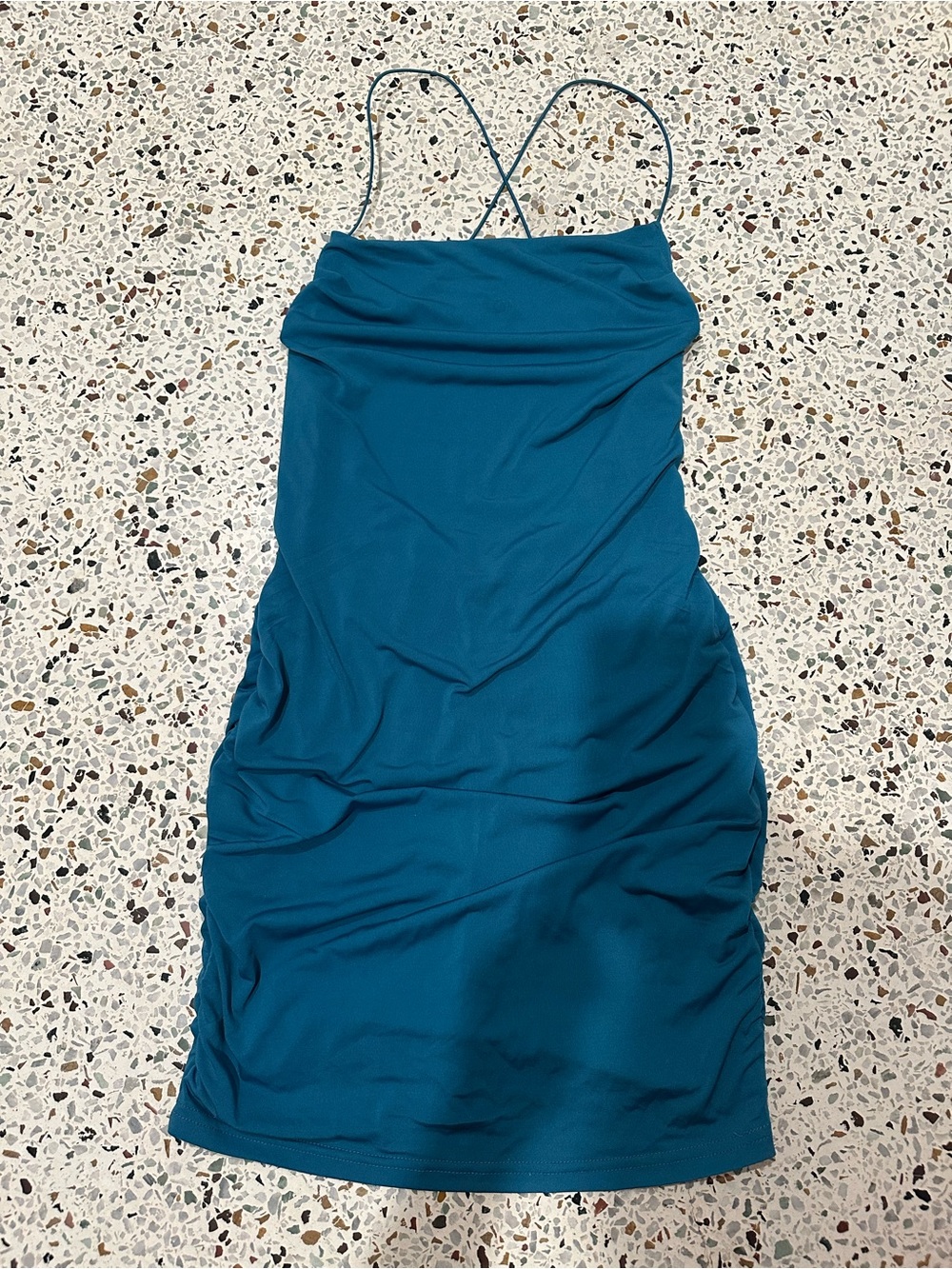 Amazon Teal Spaghetti Strap Cowl Mini Dress